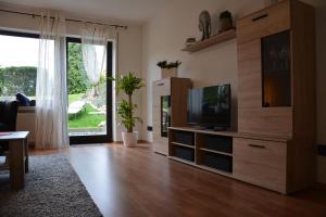 a living room with a television and a sliding glass door at Ferienwohnung Hedi in Mastershausen