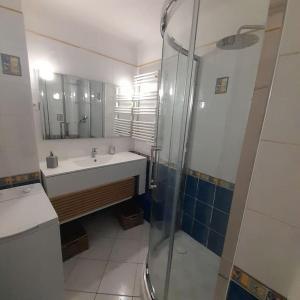 a bathroom with a sink and a glass shower at Petit Coin de Paradis 2 MN de la mer 2chs balcon clim parking in Six-Fours-les-Plages