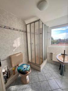 a bathroom with a shower and a toilet and a sink at Ferienwohnung Janssen in Borkum