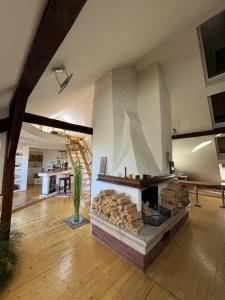 a large room with a fire place in a building at Artistic Romantic Central Loft I Self Checkin in Graz