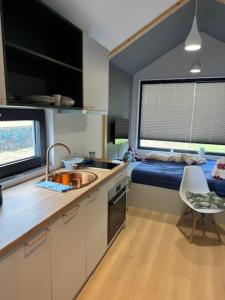 a kitchen with a sink and a bed in a room at Tiny Haus im Quittengarten in Distelhausen