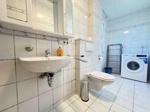 bagno con lavandino, servizi igienici e lavatrice di SAD303 - Geräumige Monteurwohnung mit Balkon a Schwandorf Altre 3 foto