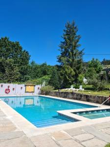 a swimming pool with blue water in a yard at Rural Coliving in Pontevedra