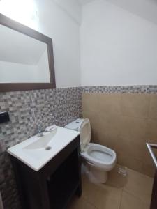 ein Badezimmer mit Toilette, Waschbecken und Spiegel in der Unterkunft Maraja in Mar de Ajó