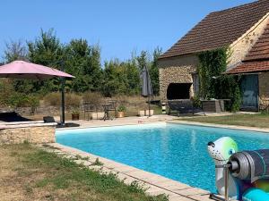 une piscine avec un requin en jouet à côté d'une maison dans l'établissement La chaumière, à Varneil