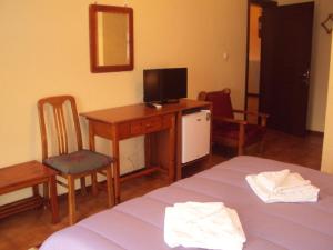 a room with a bed and a desk with a television at Hotel Aoos in Konitsa