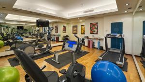 a gym with treadmills and elliptical machines at Europeum Hotel in Wrocław +93 photos