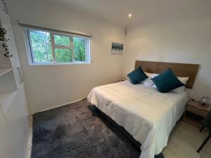 een slaapkamer met een bed met blauwe kussens en een raam bij Mountain Vineyard Cottage in Kaapstad