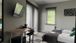 プワヴィにあるApartamenty Marciniakのベッドルーム1室(ベッド1台、デスク、ベッド1台、窓付)