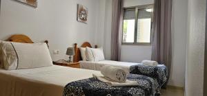 Una habitación de hotel con dos camas y una ventana. en Edifico Orbiplaya, en Torrevieja