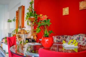 a red room with a glass table with a vase with flowers at Bed & Breakfast LA TERRAZZA in Latina