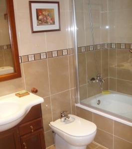 Un baño con ducha, inodoro y lavabo. en Apartamento Lamatriz Dequin Edificio Sayo 8, en Benasque