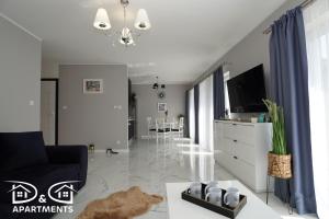 un salon avec un canapé et une télévision dans l'établissement Pine Tree House 6 D&D Apartments, à Międzywodzie