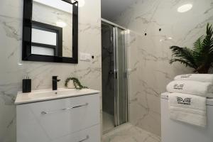 une salle de bains avec douche, lavabo et miroir dans l'établissement Pine Tree House 6 D&D Apartments, à Międzywodzie 23 autres photos