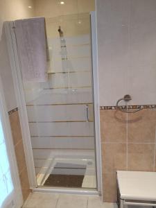 una doccia con una porta in vetro in un bagno di L'olivande a Sisteron Altre 8 foto