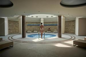 沃拉哈蒂阿尔克扬Spa度假酒店的站在游泳池前的人体模型