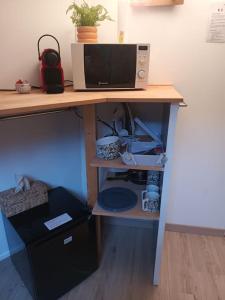 Elle comprend un bureau en bois et un four micro-ondes. dans l'établissement Studio Hyper centre, quartier historique, à La Rochelle