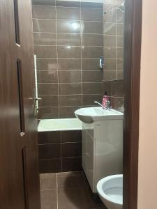 a bathroom with a sink and a tub and a toilet at Casa Luci in Zalău