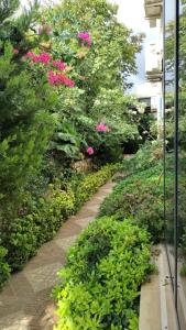 a path through a garden with pink flowers at Port Hotel, Tasucu in Silifke