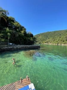 a person swimming in the water near a dock at Passeio de barco em Paraty in Paraty