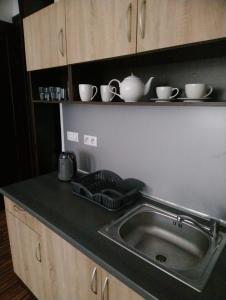 a kitchen counter with a sink and cups and dishes at Luxusní byt v centru - Free Parking in Karlovy Vary