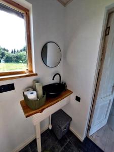 a bathroom with a sink and a mirror at Alchemilla Cabin in Padure +8 photos