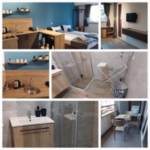 un collage de fotos de un baño y un dormitorio en Kate Central Apartments, en Ohrid