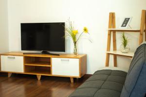 einen Flachbild-TV auf einem hölzernen Entertainment-Center in der Unterkunft Moderno y Selecto! Garage! Excelente ubicación! in Buenos Aires