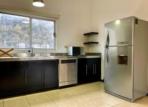 a kitchen with a stainless steel refrigerator and a sink at Ibis 8 in Monterrey
