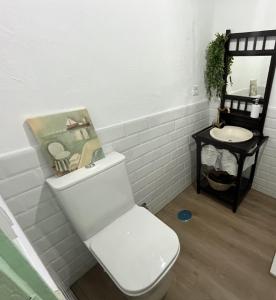 ein Badezimmer mit einer weißen Toilette und einem Waschbecken in der Unterkunft La Casita in Arenas de San Pedro