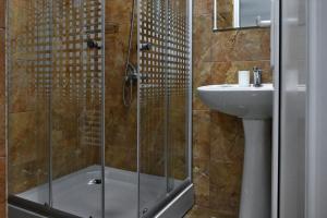 un bagno con doccia e lavandino di Pensiunea Tiplea a Ocna Şugatag Altre 56 foto