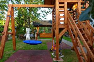 un parco giochi con altalena blu in un cortile di Pensiunea Tiplea a Ocna Şugatag