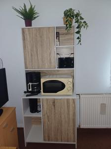 una cucina con armadi in legno e forno a microonde di Pension Glück Auf a Brand-Erbisdorf