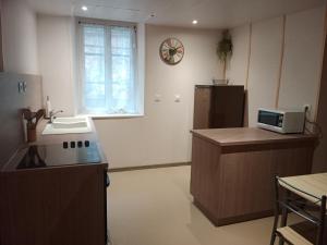une cuisine avec une cuisinière, un évier et un micro-ondes dans l'établissement Pounette, appartement 2 chambres souplex villa Centre Thermes, à Luxeuil-les-Bains 7 autres photos