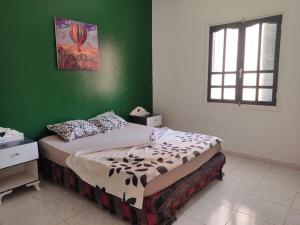 a bedroom with a bed with a green wall at Dar Margoum in Tozeur