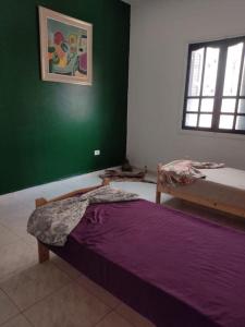 a bedroom with a bed and a green wall at Dar Margoum in Tozeur +7 photos
