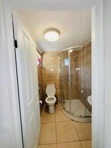 a bathroom with a toilet and a glass shower at Room for stay with shared facilities in Uxbridge