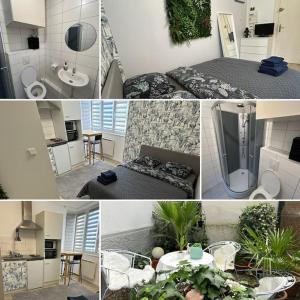 een collage van foto's van een badkamer en een slaapkamer bij Studio proche du centre-ville in Straatsburg