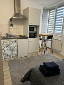 een keuken met een bed en een keuken met een fornuis bij Studio proche du centre-ville in Straatsburg