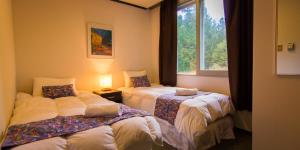 two beds in a room with a window at Hakuba Eagle Lodge in Hakuba +9 photos