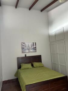a bedroom with a bed with a green blanket on it at Apartamento Colibri in Parrita