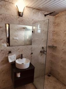 a bathroom with a sink and a glass shower at Vrindavan suites omex in Vrindāvan