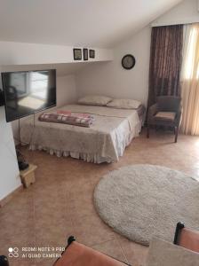 a bedroom with a bed and a flat screen tv at Apartman u sumi nedaleko od mora in Bigovo +27 photos