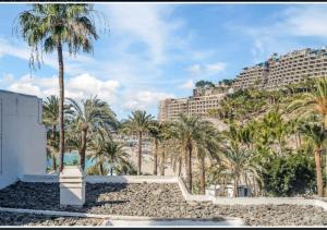 a view of a beach with palm trees and buildings at Primera línea Aquamarina Anfi del Mar in Los Caideros