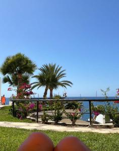 a view of the ocean and palm trees from a bench at Penthouse Urbanizacion Montemarina Anfi del Mar in Mogán