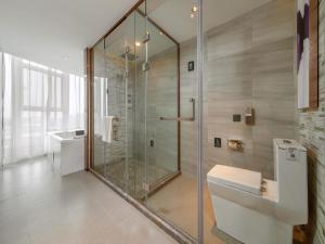 a bathroom with a shower and a toilet and a sink at Lavande Hotel Credit Building of Gaocheng District, Shijiazhuang City in Dongliucun