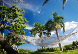 una hamaca en una playa con palmeras en Coco Garden Resort Okinawa, en Uruma