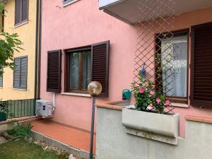 a pink house with a window and a potted plant at Casa Teresa Tuscany San Gimignano in Zambra