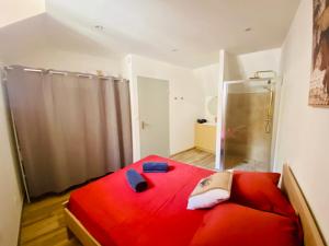 PoussanにあるLes appartements du vieux Poussanのベッドルーム(赤いベッド1台、シャワー付)