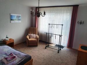 Un dormitorio con una cama, una silla y una ventana en Gästehaus Maurer, en Gau-Weinheim